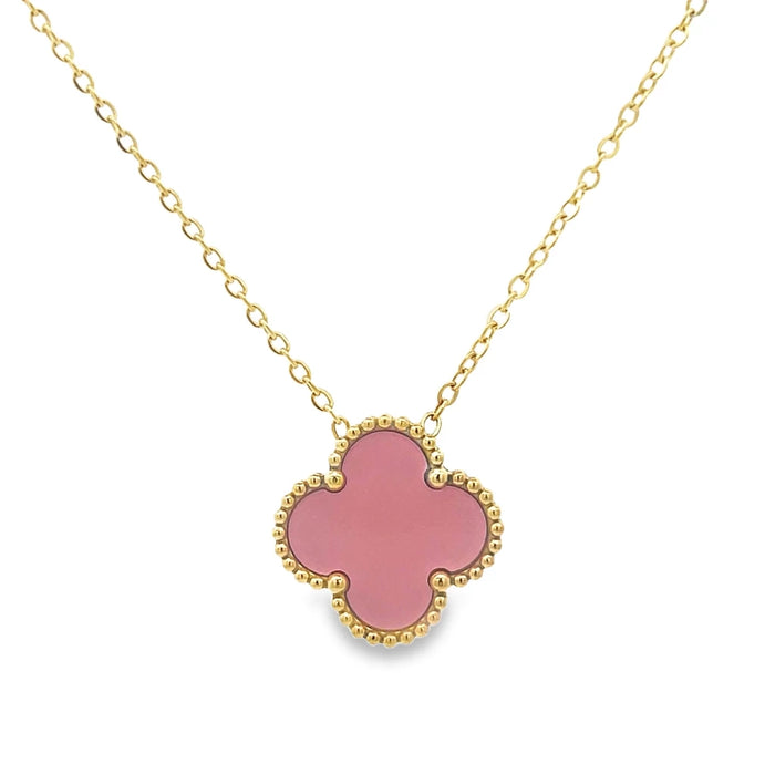 MP04 - Pink Four Leaf Clover Pendant Necklace, 18K Gold Plated