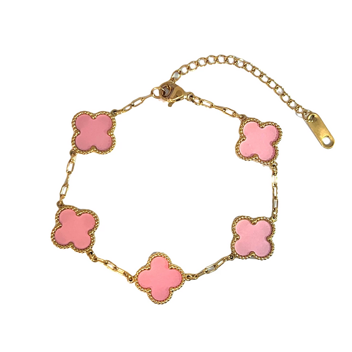 MP05 - Pink Four Leaf Clover Double-Sided Bracelet, 18K Gold Plated