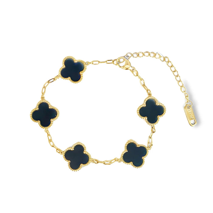 MP08 - Black Four Leaf Clover Double-Sided Bracelet, 18K Gold Plated