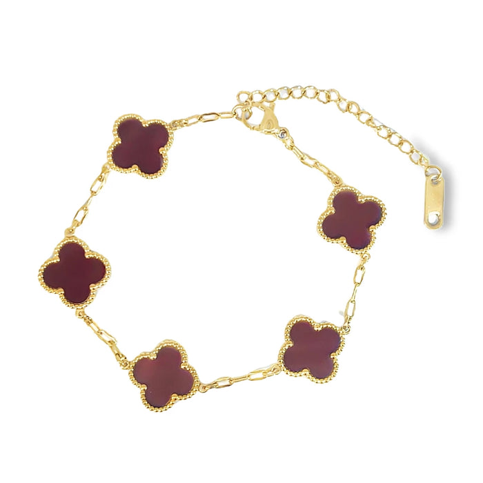 MP17 - Deep Red Four Leaf Clover Double-Sided Bracelet, 18K Gold Plated