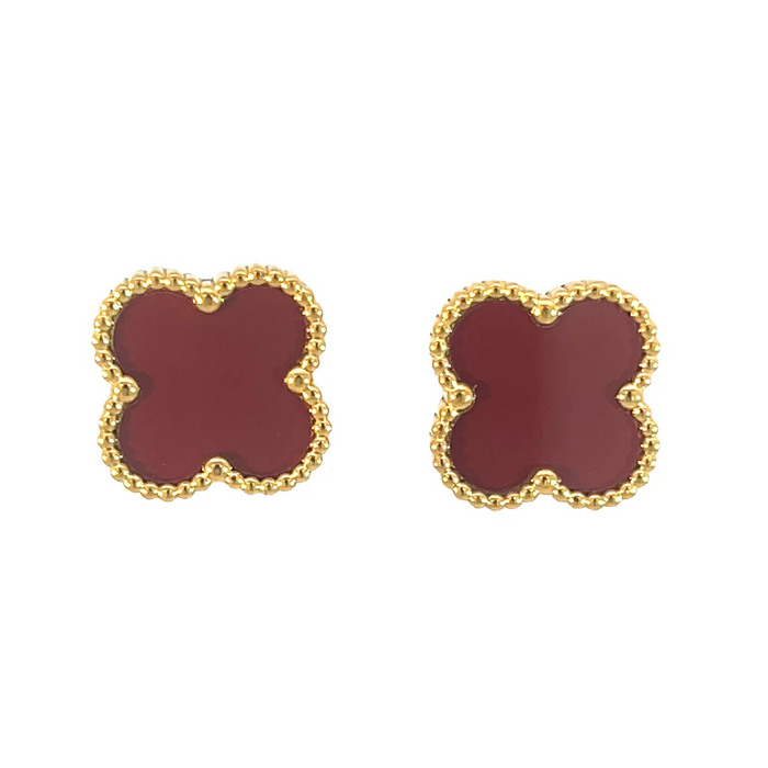 MP18 - Deep Red Four Leaf Clover Stud Earrings, 18K Gold Plated