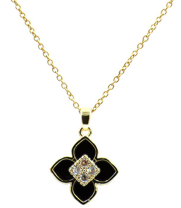 MP29 - Black Four Leaf Clover Pendant Necklace, Gold Plated