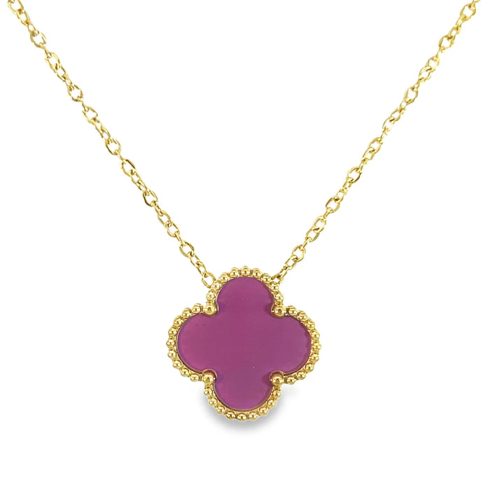 MP30 - Double Sided Green and Purple  Four Leaf Clover Pendant Necklace, 18K Gold Plated
