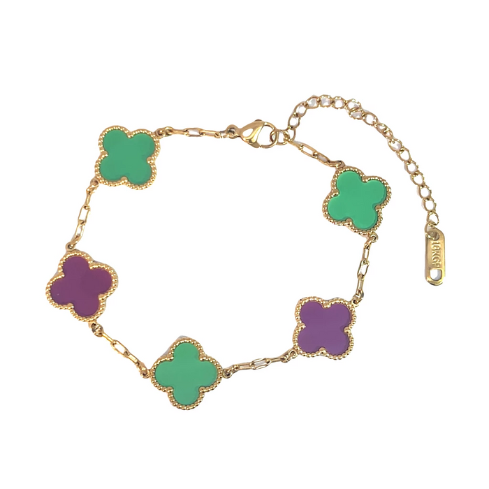 MP33 - Double Sided Green and Purple Four Leaf Clover Double-Sided Bracelet, 18K Gold Plated