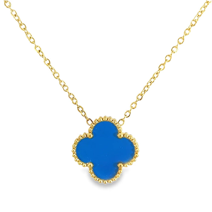 MP34 - Double Sided Light Blue and Fuchsia  Four Leaf Clover Pendant Necklace, 18K Gold Plated