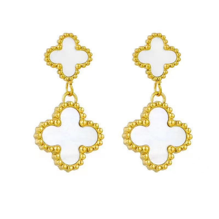 MP78 - White Double Four Leaf Clover Drop Earrings, 18K Gold Plated