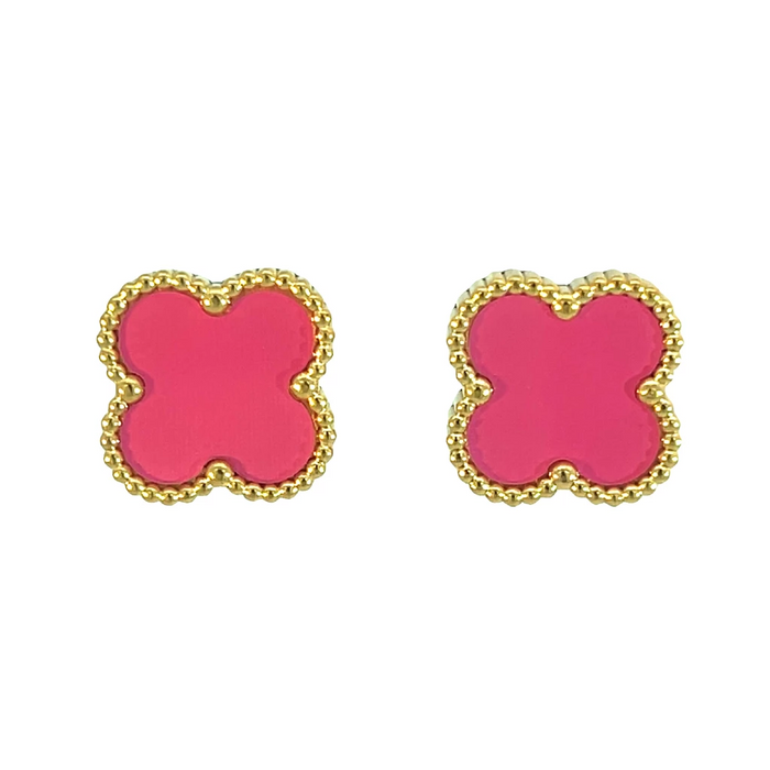 MP36 - Fuchsia Pink Four Leaf Clover Stud Earrings, 18K Gold Plated