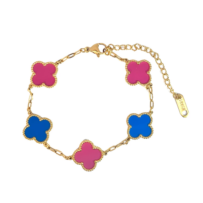MP37 - Double Sided Light Blue and Fuchsia Four Leaf Clover Double-Sided Bracelet, 18K Gold Plated