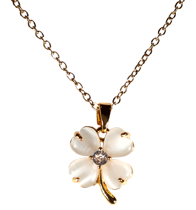 MP38 - White Four Leaf Clover Pendant Necklace,  Gold Plated