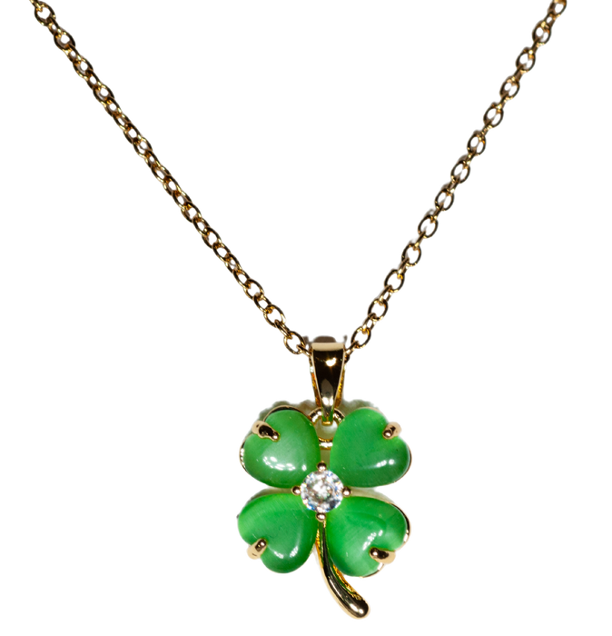 MP39 - Green Four Leaf Clover Pendant Necklace, Gold Plated