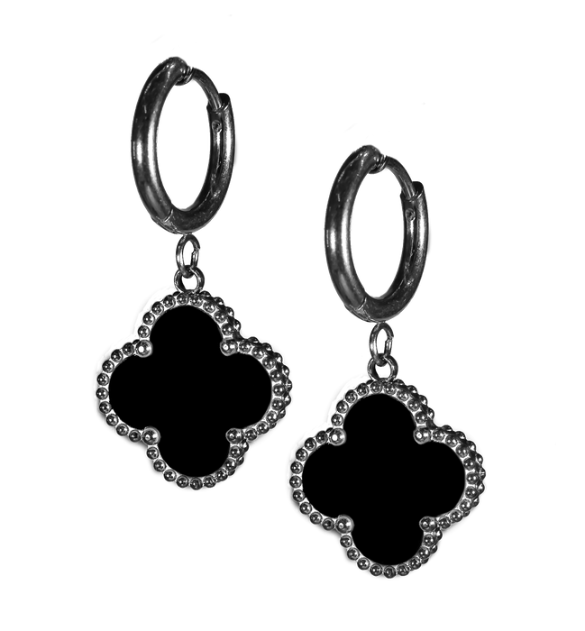 MP43 - Black Four Leaf Clover Hoop Drop Earrings, Stainless Steel Frame