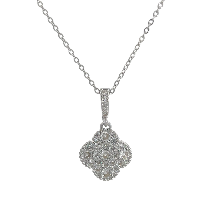 MP69 - Pave Crystal Four Leaf Clover Pendant Necklace, Silver Coloured
