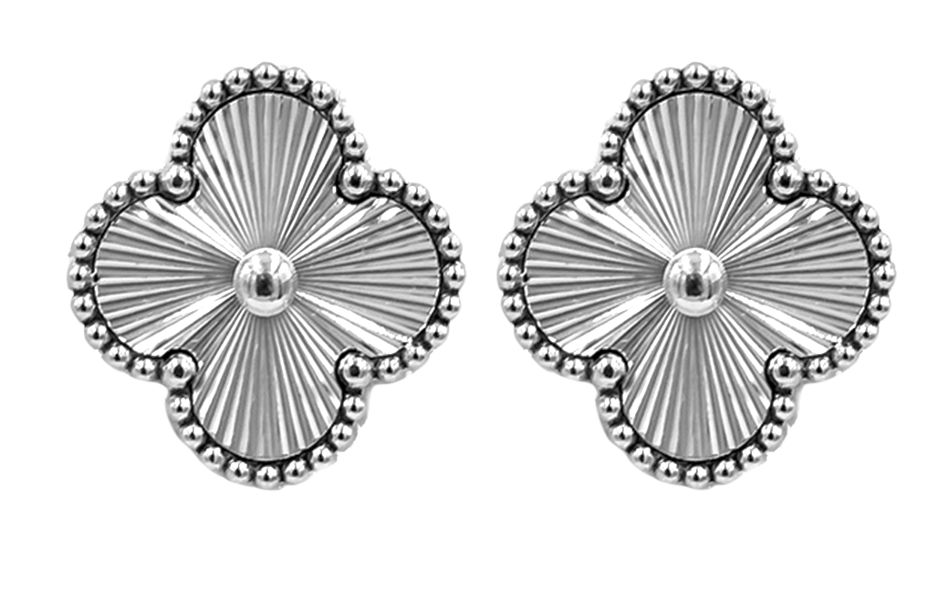 MP73 - Stainless Steel Four Leaf Clover Stud Earrings, Silver Coloured