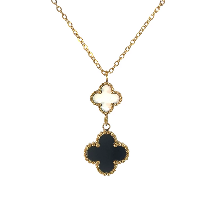 MP75 - Double Drop White  and Black Four Leaf Clover Pendant Necklace, 18K Gold Plated