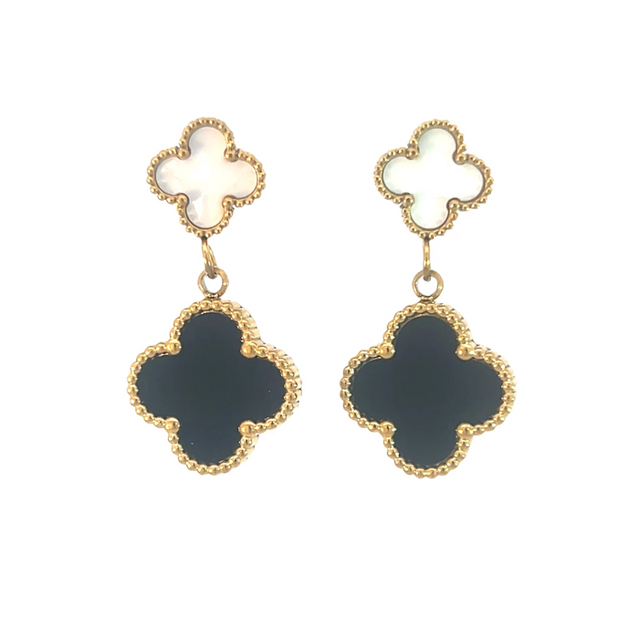 MP76 - White and Black Double Drop Four Leaf Clover Stud Drop Earrings, 18K Gold Plated