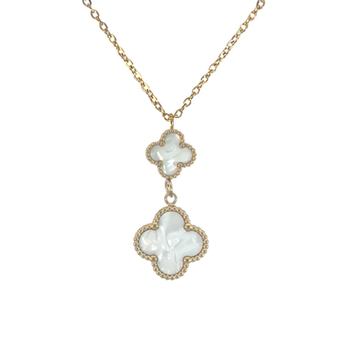 MP77 - Double Drop White Four Leaf Clover Pendant Necklace, 18K Gold Plated