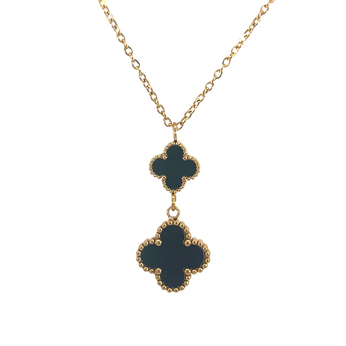 MP79 - Double Drop Black Four Leaf Clover Pendant Necklace, 18K Gold Plated