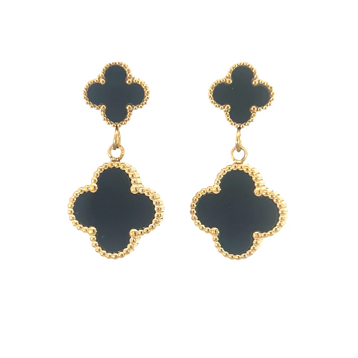 MP80 - Black Double Drop Four Leaf Clover Stud Drop Earrings, 18K Gold Plated