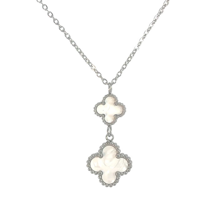 MP83 - Double Drop White Four Leaf Clover Pendant Necklace, Silver Coloured