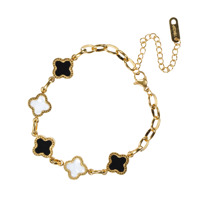 MP90 - Black and White Four Leaf Clover Bracelet, 18K Gold Plated