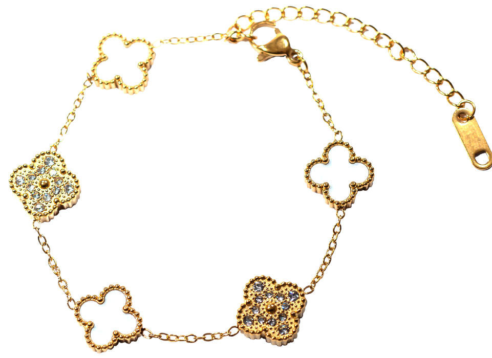 MP95 - Golden and White Four Leaf Clover Double-Sided Bracelet, 18K Gold Plated
