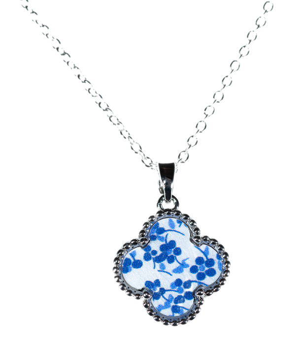 MP98 - Stainless Steel Framed Four Leaf Clover Necklace with Blue Floral Design