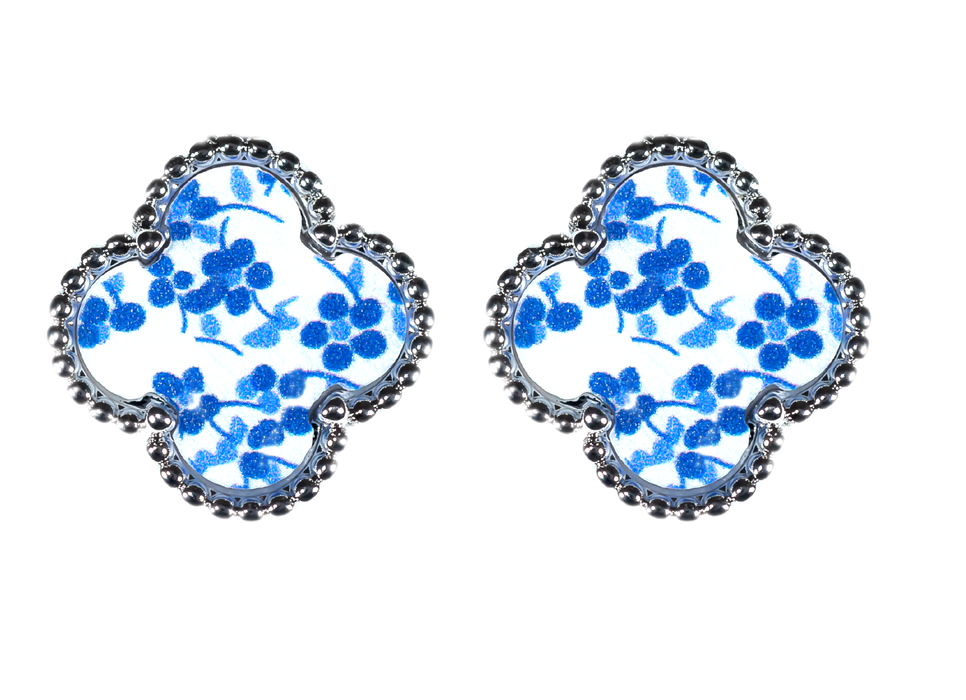 MP99 - Stainless Steel Framed Blue Floral Four Leaf Clover Stud Earrings
