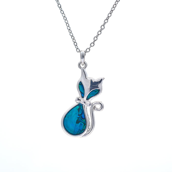 Paua Shell&nbsp; Ocicat Necklace
20mm, Rhodium Plated

18" Chain
Hypoallergenic: Nickel, Lead and Cadmium free
Delivered in a soft, black, velveteen pouch
