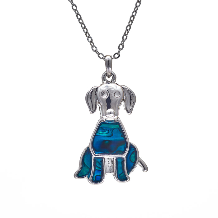 P036 - Paua Shell Cute Dog Necklace, Rhodium Plated