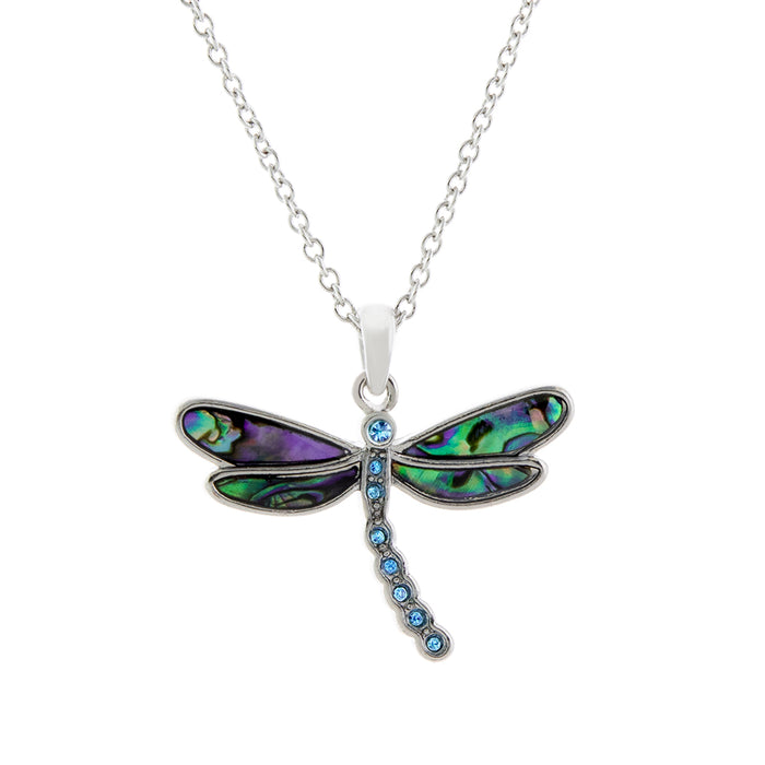 P178 - Natural Paua Shell Dragonfly Necklace, Rhodium Plated