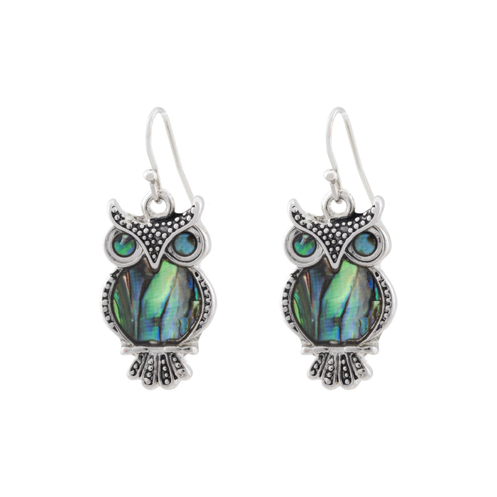 P275 - Paua Shell Owl Drop Earrings, Rhodium Plated