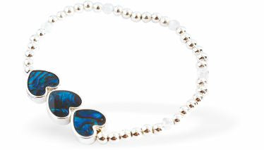 P45 - Paua Shell Triple Hearts Stretch Bracelet, Rhodium Plated