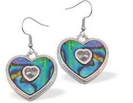 P551 - Paua Shell Heart Design with Stone Drop Earrings, Rhodium Plated