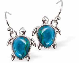 Paua Shell&nbsp; Turtle Drop Earrings
22mm, Rhodium Plated

Hypoallergenic: Nickel, Lead and Cadmium free
Delivered in a soft, black, velveteen pouch