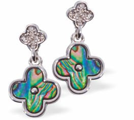 Paua Shell Double Clover Crystal Embellished Drop Earrings
20mm, Rhodium Plated

Hypoallergenic: Nickel, Lead and Cadmium free
Delivered in a soft, black, velveteen pouch