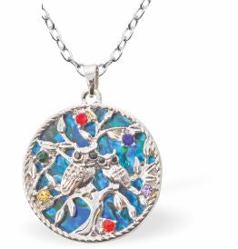 Paua Shell Owls Necklace
25mm, Rhodium Plated

18" Chain
Hypoallergenic: Nickel, Lead and Cadmium free
Delivered in a soft, black, velveteen pouch