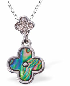 Paua Shell Double Clover Necklace with Crystal Embellishment
27mm, Rhodium Plated

18" Chain
Hypoallergenic: Nickel, Lead and Cadmium free
Delivered in a soft, black, velveteen pouch