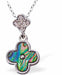 Paua Shell Double Clover Necklace with Crystal Embellishment
27mm, Rhodium Plated

18" Chain
Hypoallergenic: Nickel, Lead and Cadmium free
Delivered in a soft, black, velveteen pouch