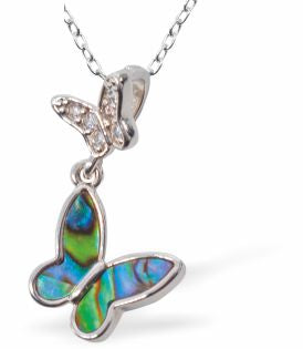 Paua Shell Butterflies Necklace
25mm, Rhodium Plated

18" Chain
Hypoallergenic: Nickel, Lead and Cadmium free
Delivered in a soft, black, velveteen pouch