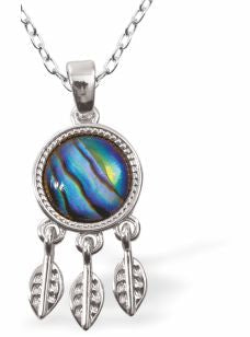 Paua Shell Dreamcatcher Necklace
20mm, Rhodium Plated

18" Chain
Hypoallergenic: Nickel, Lead and Cadmium free
Delivered in a soft, black, velveteen pouch
