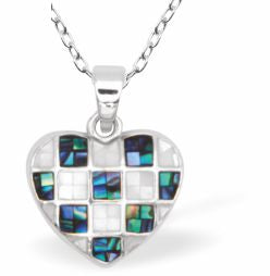 Paua Shell Chequered Heart Necklace
18mm, Rhodium Plated

18" Chain
Hypoallergenic: Nickel, Lead and Cadmium free
Delivered in a soft, black, velveteen pouch