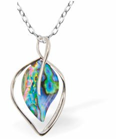 Paua Shell Leaf Necklace
50mm, Rhodium Plated

18" Chain
Hypoallergenic: Nickel, Lead and Cadmium free
Delivered in a soft, black, velveteen pouch