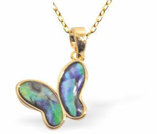 Paua Shell Delicate Butterfly Necklace
15mm, Rhodium Plated

18" Chain, Golden Chain and Frame
Hypoallergenic: Nickel, Lead and Cadmium free
Delivered in a soft, black, velveteen pouch