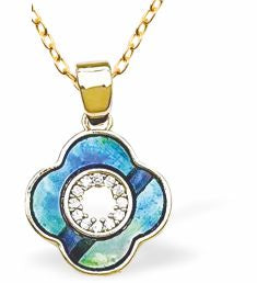 Paua Shell Clover with Crystal Embellishment Necklace
14mm, Rhodium Plated

18" Chain, Golden Chain and Frame
Hypoallergenic: Nickel, Lead and Cadmium free
Delivered in a soft, black, velveteen pouch