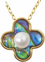 Paua Shell Clover with White Pearl Embellishment Necklace, Rhodium Plated, Golden Framed/Chain