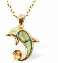 This Paua Shell Dolphin Necklace features a shimmering greeny-blue paua shell in a golden, rhodium-plated frame. The 20mm pendant hangs from an 18-inch rhodium-plated chain. Hypoallergenic and free from nickel, lead, and cadmium, it’s gentle on sensitive skin. Delivered in a soft grey velveteen pouch.