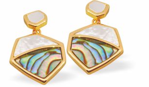 PA69 - Paua Shell Hexagonal Drop Earrings, Rhodium Plated, Golden Framed