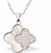 Iridescent Necklace with Pave Double Clover Drop, Silver Coloured
Hypoallergenic: Rhodium Plated, Nickel, Lead and Cadmium Free

16mm in size, 18" Rhodium Plated Chain

Delivered in a soft, black, velveteen pouch