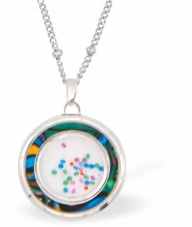Special PVD Halo Necklace with Central Dancing Dots
Silver coloured chain with Paua Shell inset
Hypoallergenic; Free from cadmium, lead and nickel
20mm in size
Colour: Silver coloured and Crystal
Delivered in a soft, black, velveteen pouch