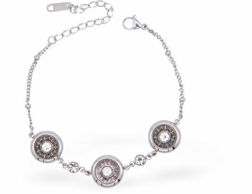 Special PVD Chain Bracelet with Three Dancing Dot Filled Circles
Hypoallergenic; Free from cadmium, lead and nickel

Colour: Silver Coloured&nbsp;
Delivered in a soft, black, velveteen pouch